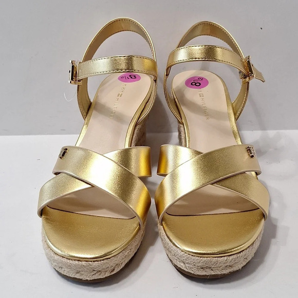 Tommy Hilfiger NEW Gold Platform Espadrille Ankle Strap Coquette Wedges Size 8.5 - Picture 3 of 13